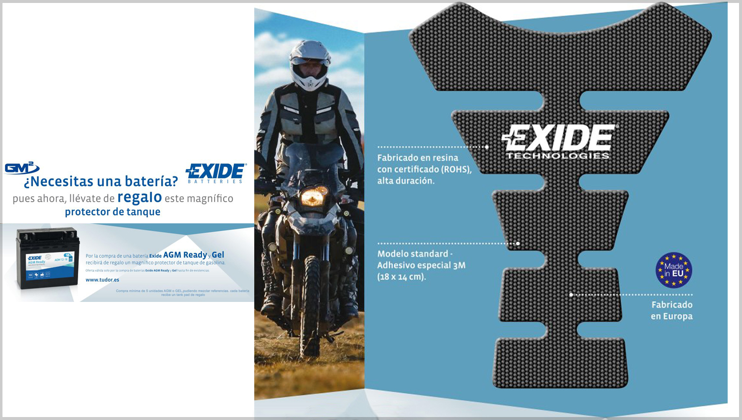 GM2 regala un protector de depósito por la compra de una batería Exide con tecnología AGM